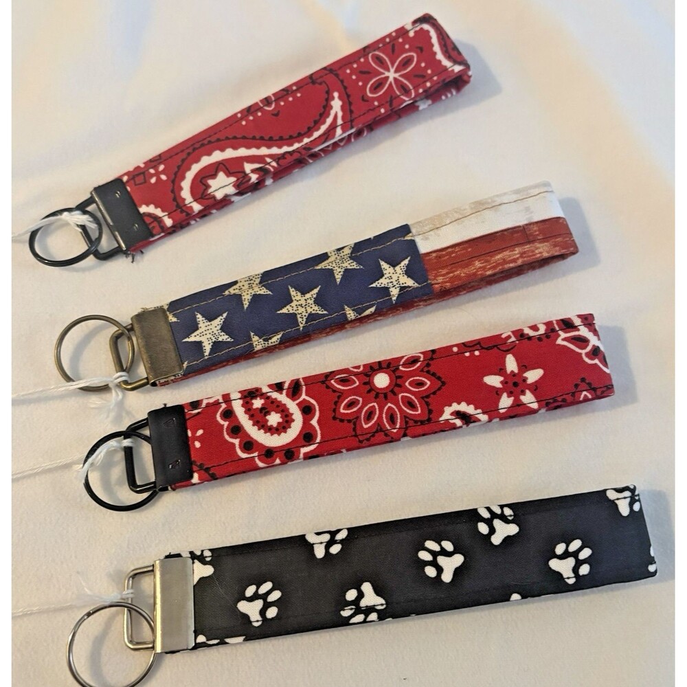 LOT 4 Keychains Wristlets Fabric Paisley Paw Dog Prints Flag Americana Handmade